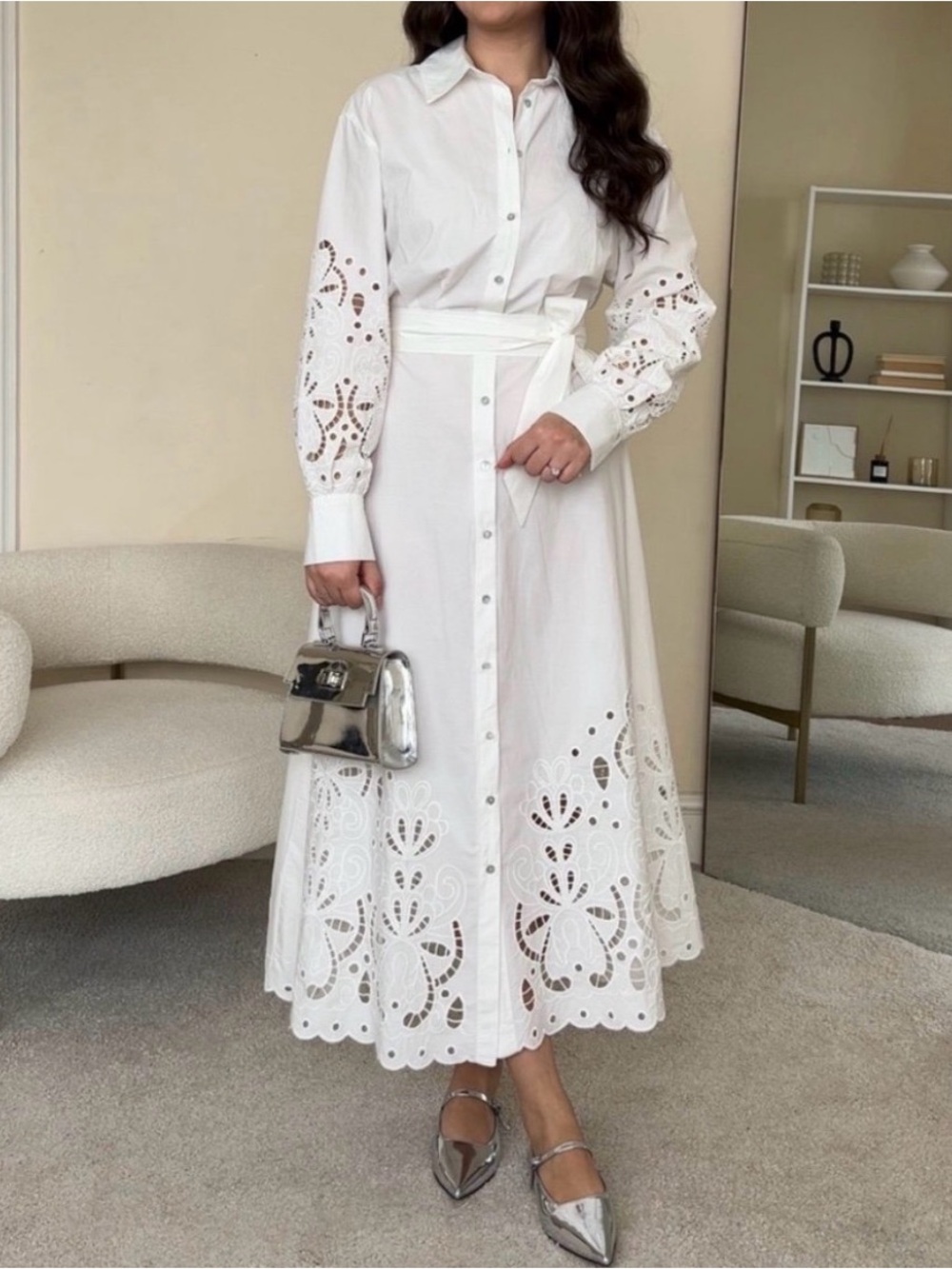 H&M Women's White Eyelet Embroidered Lace Trimmed Maxi Dress Large - Picture 3 of 12